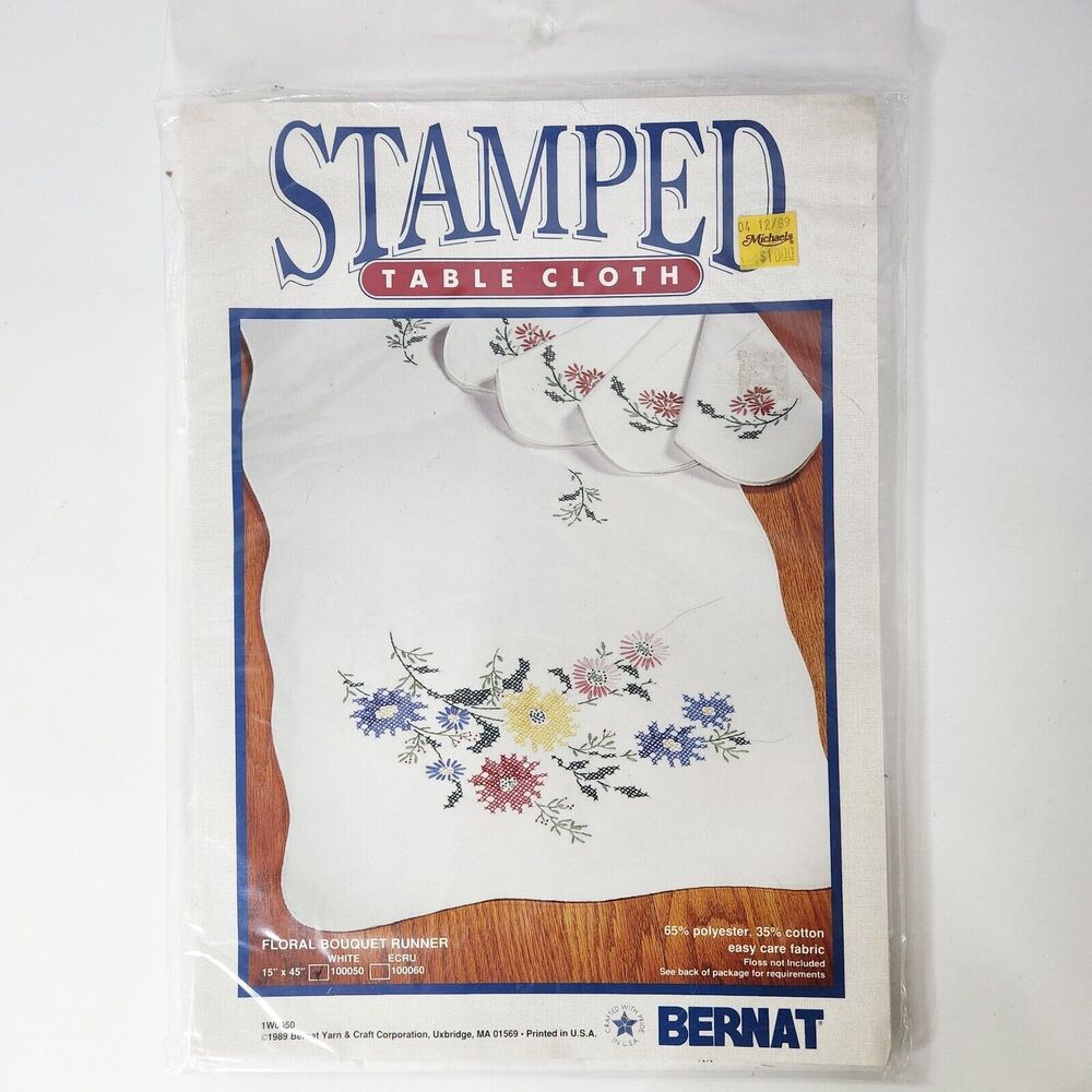 Vtg 1989 Bernat Stamped Table Runner Floral Bouquet Stamped Cross Stitch 15x45"